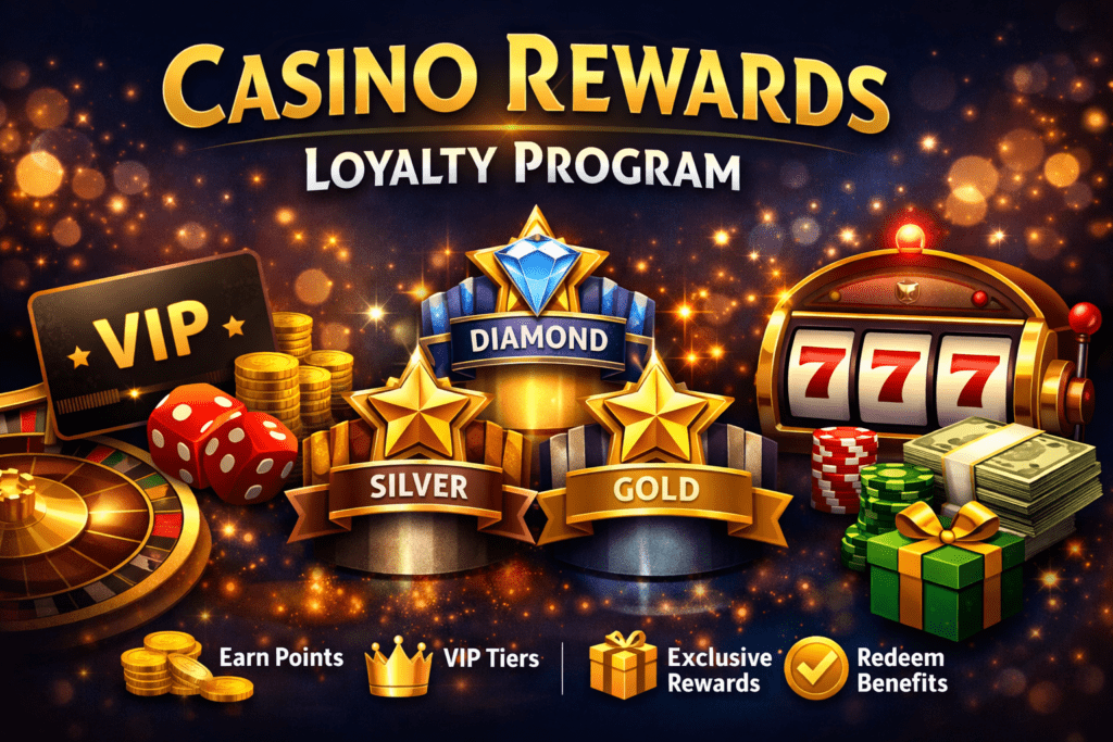 Casino Rewards loyalty program banner showing VIP tiers and points