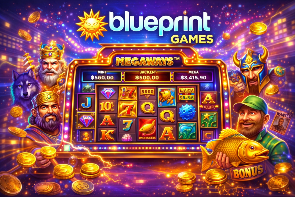 Blueprint games banner featuring an online slot machine, jackpots, and bonus features.