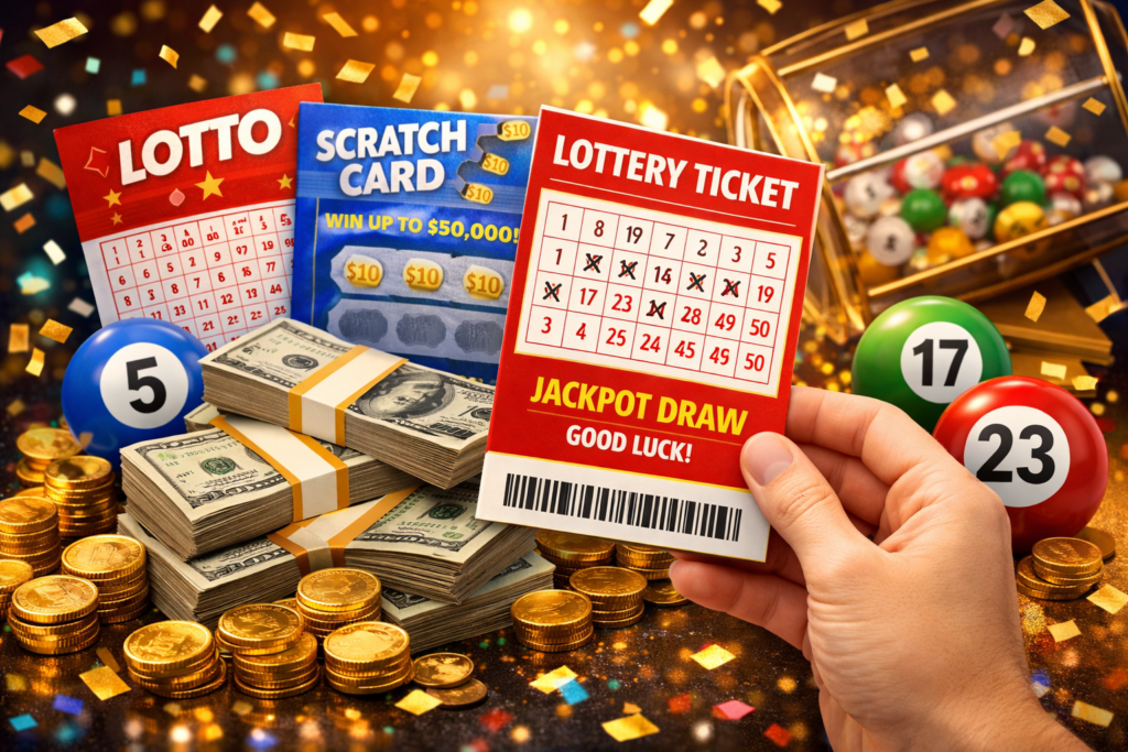 Lottery ticket, scratch card, lotto balls, and cash on a festive jackpot-themed background