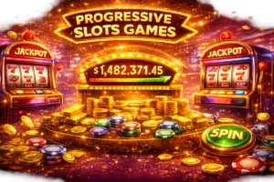 Progressive slots games jackpot meter with slot machines and coins