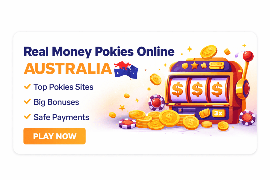 Banner for Real Money Pokies Online Australia featuring a colorful slot machine, gold coins, and key benefits: Top Pokies Sites, Big Bonuses, Safe Payments.