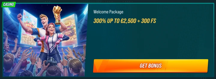 Golisimo Casino welcome package banner showing “300% up to €2,500 + 300 free spins