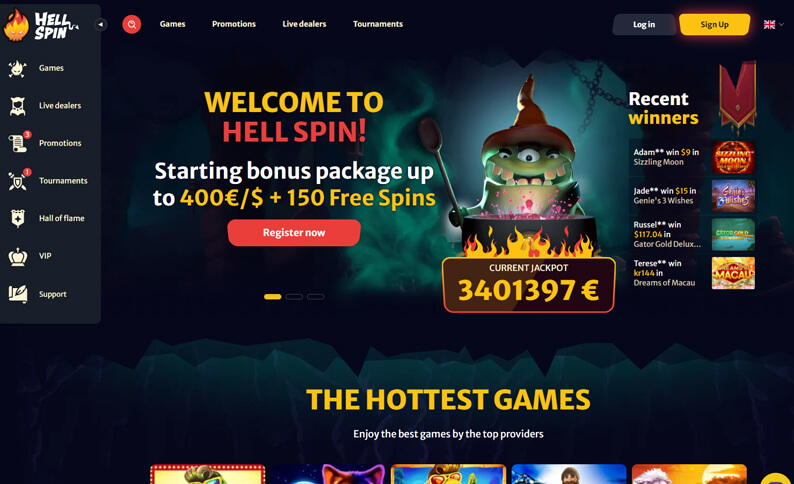 HellSpin Casino homepage showing the game lobby and featured slots