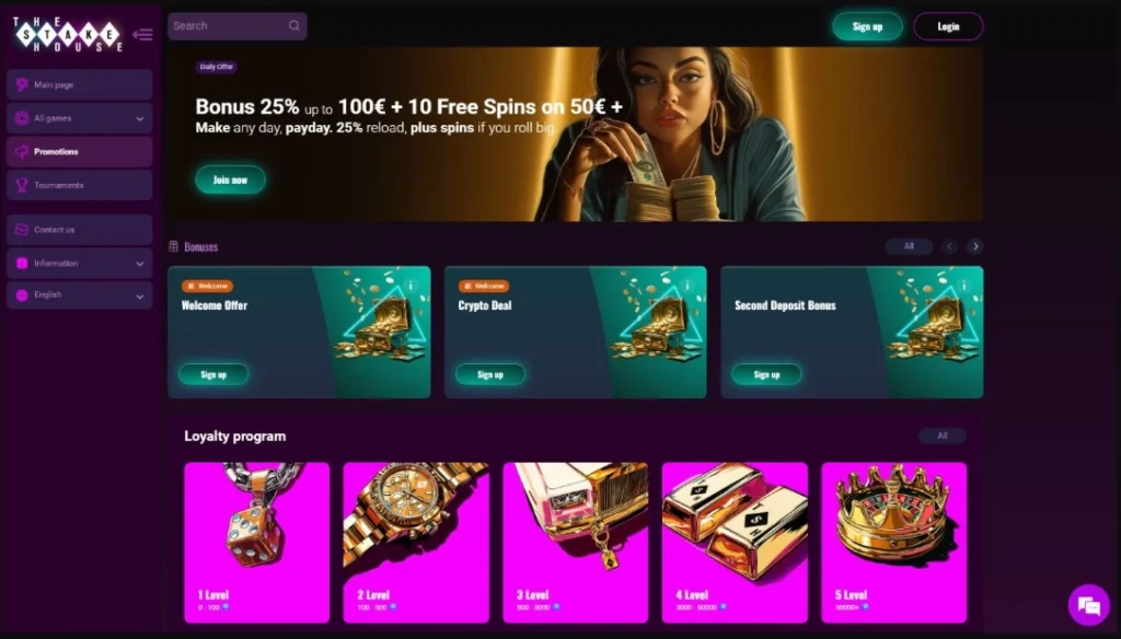 TheStakeHouse Casino promotions page with welcome offers and bonus cards