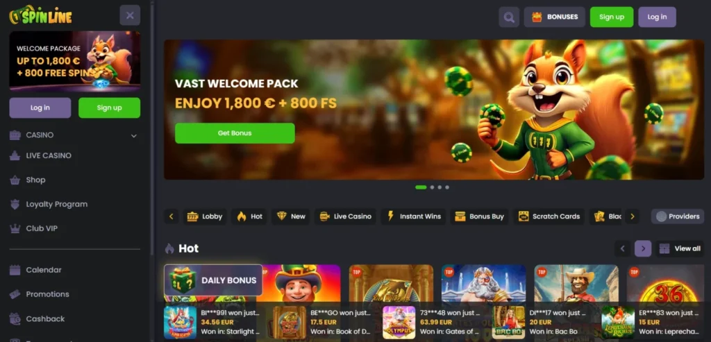 spinline casino homepage and bonus
